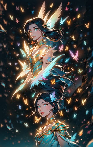 The best quality,superrealism,(ultra detailed face),(perfectly drawn body),((perfectly detailed glowing eyes:1.2)),dynamic pose,(natural pose),surreal and perfect digital illustration of a libra zodiac sign princess,majestic flowing black hair,beautiful celestial princess,opalescent translucent iridescent dress, beautiful green eyes,edgy hair bun with big bow,elegant,sophisticated,retrofuturism, romantic academia aesthetic, drawing, surrealism, magic realism, pop surrealism, ethereal, visual delirium,full beauty, full_body,full shot,painting on canvas, detailed, intricate, cute, white lilac orange blue fuchsia colors, bright vivid gradient colors, by Mindy Sommers, by Jantina Peperkamp, by Olga Esther , by Veronica Minozzi, by Olga Shvartsur, by Gilbert Williams, masterpiece, award winning,perfectly detailed.