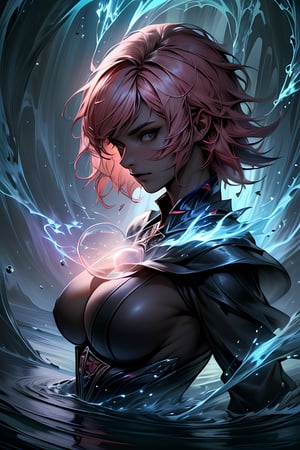 ((masterpiece, best quality:1.4)),(((absurdres, highres, ultra detailed:1.2))), (1 gorgeous woman:1.4),full shot, dynamic angle,( Messy Bob pink hair:1.2), (large breast:1.2),(((using dark magic:1.4))),water magic,playful illustrations, imaginative overlays, artistic fusion,(fantastical scenes), evocative narratives, striking visuals, upper body,water