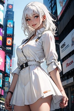 best quality,masterpiece, 8k ,1girl, (white hair:1.8), cowboy shot, day, light smile, fashion tube dress, Times Square USA