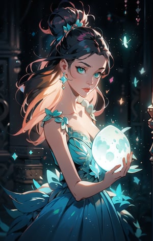 The best quality,superrealism,(ultra detailed face),(perfectly drawn body),surreal digital illustration of a libra zodiac sign princess,majestic flowing black hair,beautiful celestial princess,opalescent translucent iridescent dress, beautiful green eyes,edgy hair bun with big bow,elegant,sophisticated,retrofuturism, romantic academia aesthetic, drawing, surrealism, magic realism, pop surrealism, ethereal, visual delirium,full beauty, full_body,full shot,painting on canvas, detailed, intricate, cute, white lilac orange blue fuchsia colors, bright vivid gradient colors, by Mindy Sommers, by Jantina Peperkamp, by Olga Esther , by Veronica Minozzi, by Olga Shvartsur, by Gilbert Williams, masterpiece, award winning,perfectly detailed.