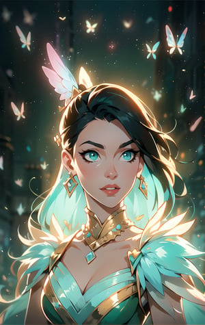 The best quality,superrealism,(ultra detailed face),(perfectly drawn body),surreal digital illustration of a libra zodiac sign princess,majestic flowing black hair,beautiful celestial princess,opalescent translucent iridescent dress, beautiful green eyes,edgy hair bun with big bow,elegant,sophisticated,retrofuturism, romantic academia aesthetic, drawing, surrealism, magic realism, pop surrealism, ethereal, visual delirium,full beauty, full_body,full shot,painting on canvas, detailed, intricate, cute, white lilac orange blue fuchsia colors, bright vivid gradient colors, by Mindy Sommers, by Jantina Peperkamp, by Olga Esther , by Veronica Minozzi, by Olga Shvartsur, by Gilbert Williams, masterpiece, award winning,perfectly detailed.