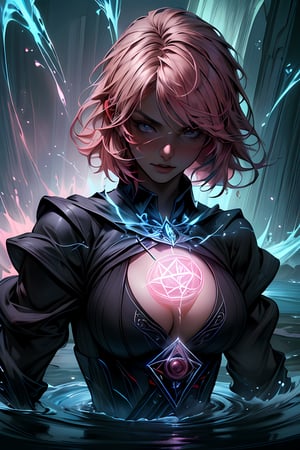 ((masterpiece, best quality:1.4)),(((absurdres, highres, ultra detailed:1.2))), (1 gorgeous woman:1.4),( Messy Bob pink hair:1.2), (large breast:1.2),(((using dark magic:1.4))),water magic,playful illustrations, imaginative overlays, artistic fusion,(fantastical scenes), evocative narratives, striking visuals, upper body,water