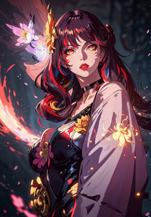 ((masterpiece,high quality:1.4)),(highres:1.2),1 young woman,(ultra detailed face:1.6),(large breast:1.2),(ultra detailed body:1.4),(full_body) full shot,logo hair ornament,fur,beautiful necklaces,plum blossoms,(glowing energy:1.4),lotus flower,magic,looking at viewer,beautiful background,(multicolored hair:1.2,(longhairstyle,colorful_hair:1.4),seductive,beautiful makeup,thick red lips,eyeliner,parted lips,(dynamic pose),dynamic angle,unstrapped,glowing eyes,choker,guiltys.