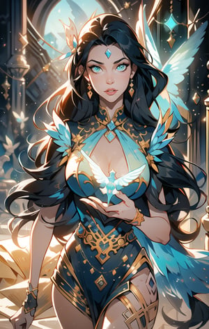 The best quality,superrealism,(ultra detailed face),(perfectly drawn body),((perfectly detailed glowing eyes:1.2)),dynamic pose,(natural pose),surreal and perfect digital illustration of a libra zodiac sign princess,majestic flowing black hair,beautiful celestial princess,opalescent translucent iridescent dress, beautiful green eyes,edgy hair bun with big bow,elegant,sophisticated,retrofuturism, romantic academia aesthetic, drawing, surrealism, magic realism, pop surrealism, ethereal, visual delirium,full beauty, full_body,full shot,painting on canvas, detailed, intricate, cute, white lilac orange blue fuchsia colors, bright vivid gradient colors, by Mindy Sommers, by Jantina Peperkamp, by Olga Esther , by Veronica Minozzi, by Olga Shvartsur, by Gilbert Williams, masterpiece, award winning,perfectly detailed.