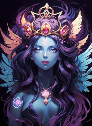 ((masterpiece,high quality:1.4)),(highres:1.2),1 young woman,(modern outfit:1.2),lotus crown,(ultra detailed face:1.2),beautiful necklaces,energy plum blossoms,eevee tail,(glowing chakra symbols:1.2),magical energy,background,complex_background,complicated_bg ,detailed_background,flying sweatdrops,(large breast),looking at viewer,chromatic_background,longhairstyle,multicolored hair,smiling,beautiful makeup,thick red lips,eyeliner,parted lips,walkure /(takt op./),dynamic pose,dynamic angle,unstrapped,glowing eyes,choker.