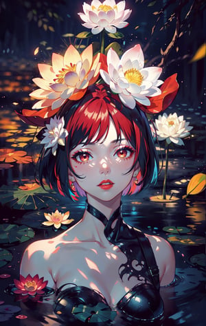 1 teen girl,solo,full shot,looking at viewer, white background,energy flowing,glowing lotus flower,bob cut, long hair, multicolored hair, makeup , parted lips, red lips, eyeliner, ,walkure /(takt op./)