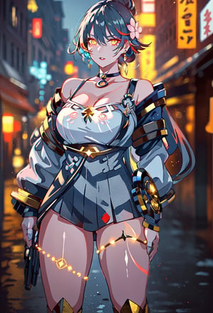 ((masterpiece,high quality:1.4)),(highres:1.2),1 young woman,(modern outfit:1.2),(ultra detailed face:1.4),(large breas:1.4),full body,beautiful necklaces,plum blossom,(glowing chakra symbols:1.4),magic,looking at viewer,beautiful background,(longhairstyle,colorful_hair:1.2),seductive,beautiful makeup,thick red lips,eyeliner,parted lips,walkure /(takt op./),dynamic pose,dynamic angle,unstrapped,glowing eyes,choker.