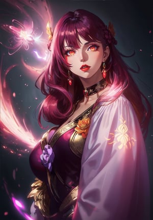 ((masterpiece,high quality:1.4)),(highres:1.2),1 young woman,(ultra detailed face:1.6),(large breast:1.2),(ultra detailed body:1.4),(full_body) full shot,logo hair ornament,fur,beautiful necklaces,plum blossoms,(glowing energy:1.4),lotus flower,magic,looking at viewer,beautiful background,(multicolored hair:1.2,(longhairstyle,colorful_hair:1.4),seductive,beautiful makeup,thick red lips,eyeliner,parted lips,(dynamic pose),dynamic angle,unstrapped,glowing eyes,choker,guiltys.