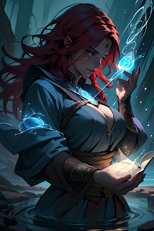 (((masterpiece, best quality:1.4))),(absurdres, highres, ultra detailed:1.2), dynamic angle, (1 gorgeous woman:1.4), (long red hair:1.2), (large breasts:1.2),(((using dark magic:1.6))),water magic,playful illustrations, imaginative overlays, artistic fusion,(fantastical scenes), evocative narratives, striking visuals, upper body view,water, energy flowing.