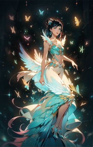 The best quality,superrealism,(ultra detailed face),(perfectly drawn body),surreal digital illustration of a libra zodiac sign princess,majestic flowing black hair,beautiful celestial princess,opalescent translucent iridescent dress, beautiful green eyes,edgy hair bun with big bow,elegant,sophisticated,retrofuturism, romantic academia aesthetic, drawing, surrealism, magic realism, pop surrealism, ethereal, visual delirium,full beauty, full_body,full shot,painting on canvas, detailed, intricate, cute, white lilac orange blue fuchsia colors, bright vivid gradient colors, by Mindy Sommers, by Jantina Peperkamp, by Olga Esther , by Veronica Minozzi, by Olga Shvartsur, by Gilbert Williams, masterpiece, award winning,perfectly detailed.