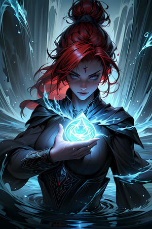 ((masterpiece, best quality:1.4)),(((absurdres, highres, ultra detailed:1.2))), (1 gorgeous woman:1.4),(Half-Up Top Knot long red hair:1.2), (large breast:1.2),(((using dark magic:1.4))),water magic,playful illustrations, imaginative overlays, artistic fusion,(fantastical scenes), evocative narratives, striking visuals, upper body,water