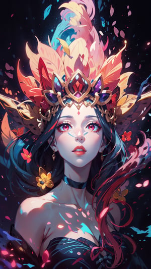 (masterpiece,high quality:1.4),(highres:1.2),1 young woman,ultra detailed face,complex_background,detaile,detailed_background,upper body,full shot,large breast,looking at viewer,chromatic_background,half up half down,longhair,multicolored hair,beautiful makeup,thick red lips,eyeliner,parted lips,walkure /(takt op./),dynamic pose,dynamic angle,unstrapped,glowing eyes,choker.