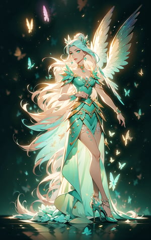 The best quality,superrealism,surreal portrait painting of a beautiful celestial princess,libra zodiac sign,majestic flowing hair,opalescent translucent iridescent dress, beautiful green eyes,edgy hair bun with big bow,elegant,sophisticated,retrofuturism, romantic academia aesthetic, drawing, surrealism, magic realism, pop surrealism, ethereal, visual delirium,full beauty, full_body,full shot,painting on canvas, detailed, intricate, cute, white lilac orange blue fuchsia colors, bright vivid gradient colors, by Mindy Sommers, by Jantina Peperkamp, by Olga Esther , by Veronica Minozzi, by Olga Shvartsur, by Gilbert Williams, masterpiece, award winning,perfectly detailed.