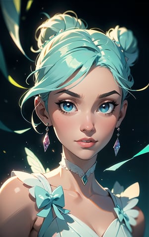 The best quality, superrealism,surreal portrait painting of a beautiful celestial princess, opalescent translucent iridescent dress, beautiful dark eyes, edgy hair bun with big bow, elegant, sophisticated, retrofuturism, romantic academia aesthetic, drawing, surrealism, magic realism, pop surrealism, ethereal, visual delirium, close-up, dynamic pose, painting on canvas, detailed, intricate, cute, white lilac orange blue fuchsia colors, bright vivid gradient colors, by Mindy Sommers, by Jantina Peperkamp, by Olga Esther , by Veronica Minozzi, by Olga Shvartsur, by Gilbert Williams, masterpiece, award winning, 