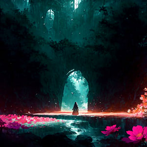 Meditative individual silhouette is in the middle of a dramatic atmosphere going trough a majestic gate of dreams,leading to different worlds and dimensions throughout many portals of energy,with a magical atmosphere and an astonishing view of vibrant and bright colors surrounded by breathtaking landscapes of ultra detailed, high resolution and high quality, creating a masterpiece of colors and shapes,(high detail),fractal details, depth of field, HOF, hall of fame, vibrant, Rough, picturesque sketch|centered| key visual| intricate| highly detailed| breathtaking| precise | vibrant| panoramic| cinematic| Carne Griffiths|8k, unreal engine 5, ((MASTERpiece)),epic trees,water streams,various flowers,intricate details,rich colors,cinematic, symmetrical, beautiful lighting, V-Ray render, 