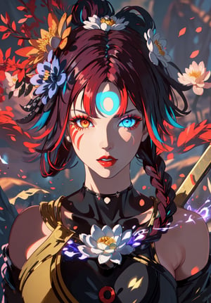 ((masterpiece,high quality:1.4)),(highres:1.2),1 young woman,(ultra detailed face:1.6),(large breast:1.2),(ultra detailed body:1.4),(full_body) full shot,logo hair ornament,fur,beautiful necklaces,plum blossoms,(glowing energy:1.4),lotus flower crown,magic,looking at viewer,beautiful background,(multicolored hair:1.2,(longhairstyle,colorful_hair:1.4),seductive,beautiful makeup,thick red lips,eyeliner,parted lips,(dynamic pose),dynamic angle,unstrapped,glowing eyes,choker,guiltys.