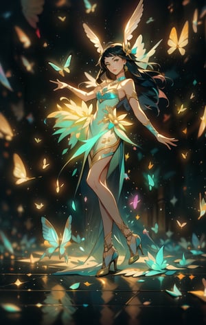 The best quality,superrealism,(ultra detailed face),(perfectly drawn body),((perfectly detailed glowing eyes:1.2)),dynamic pose,(natural pose),surreal and perfect digital illustration of a libra zodiac sign princess,majestic flowing black hair,beautiful celestial princess,opalescent translucent iridescent dress, beautiful green eyes,edgy hair bun with big bow,elegant,sophisticated,retrofuturism, romantic academia aesthetic, drawing, surrealism, magic realism, pop surrealism, ethereal, visual delirium,full beauty, full_body,full shot,painting on canvas, detailed, intricate, cute, white lilac orange blue fuchsia colors, bright vivid gradient colors, by Mindy Sommers, by Jantina Peperkamp, by Olga Esther , by Veronica Minozzi, by Olga Shvartsur, by Gilbert Williams, masterpiece, award winning,perfectly detailed.