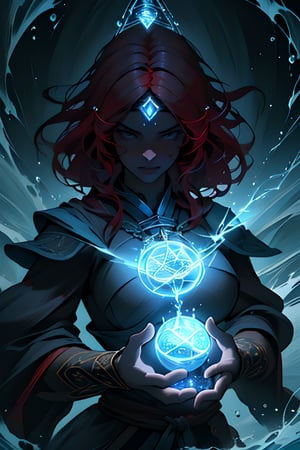 (masterpiece, best quality:1.4),(absurdres, highres, ultra detailed:1.4), dynamic angle, (1 gorgeous woman:1.4), (long red hair:1.2), (large breasts:1.2),(((using dark magic:1.6))),water magic,playful illustrations, imaginative overlays, artistic fusion,(fantastical scenes), evocative narratives, striking visuals, upper body view,water,yushuishu