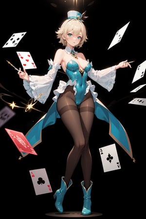 a magic aura around her, magic wand, show, stage, green eyes, silver brown hair, floating, dropping sleeves, cards, female magician leotard, magician hat, frills, short hair, brown boots, black pantyhose, purple outfits