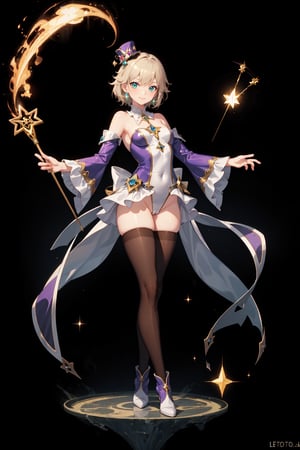 a magic aura around her, magic wand, at space, green eyes, silver brown hair, floating, dropping sleeves, fantasy mini dress, cards, female magician leotard, frills, short hair, brown boots, pantyhose, purple outfits, black cloak, smile, magic, magician hat