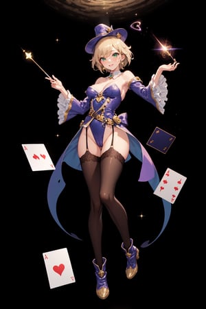 a magic aura around her, magic wand, at space, green eyes, silver brown hair, floating, dropping sleeves, fantasy mini dress, cards, female magician leotard, frills, short hair, brown boots, pantyhose, purple outfits, black cloak, smile, magic, magician hat, lace_trim, panties_underneath_pantyhose