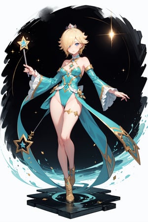 a magic aura around her, magic wand, at space, purple eyes, blond_hair, floating, dropping sleeves, fantasy mini dress, cards, female magician leotard, frills, short hair, brown boots 