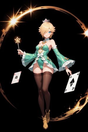 a magic aura around her, magic wand, at space, green eyes, brown hair, floating, dropping sleeves, fantasy mini dress, cards, female magician leotard, frills, short hair, brown boots, pantyhose, purple outfits