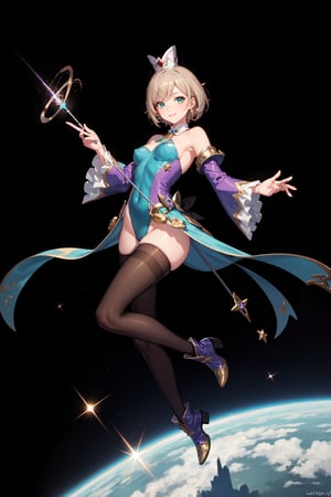 a magic aura around her, magic wand, at space, green eyes, silver brown hair, floating, dropping sleeves, fantasy mini dress, cards, female magician leotard, frills, short hair, brown boots, pantyhose, purple outfits, black cloak, smile, magic, magician hat