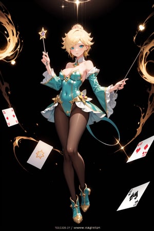 a magic aura around her, magic wand, at space, green eyes, silver brown hair, floating, dropping sleeves, fantasy mini dress, cards, female magician leotard, frills, short hair, brown boots, pantyhose, purple outfits