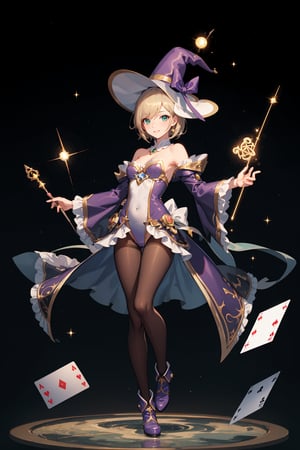 a magic aura around her, magic wand, at space, green eyes, silver brown hair, floating, dropping sleeves, fantasy mini dress, cards, female magician leotard, frills, short hair, brown boots, pantyhose, purple outfits, black cloak, smile, magic, magician hat, lace_trim