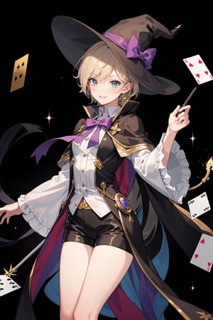a magic aura around her, magic wand, at space, green eyes, silver brown hair, floating, dropping sleeves, fantasy long detailed shirt, cards, female magician suit, frills, short hair, brown boots, purple outfits, black cloak, smile, magic, magician hat, lace_trim, black robe, cape, black shorts, shorts under the shirt, short shorts
