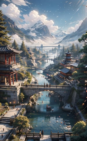 （8k, Best quality at best, high rise：1.1）, A layout for a mixing plugin, crafted by the masterful Amano Yoshitaka in the realm of digital art and painting This piece has been trending on ArtStation and is compatible with Unreal Engine. The scene features traditional Chinese architecture amidst a cityscape that resembles a lush forest, all set against a majestic mountain backdrop with flowing water and meticulously detailed elements.