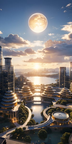 Official art, unified 8k wallpaper, ultra fine, best quality, (masterpiece: 1.2), (a boy holding a girl's hand), viewed from behind, white hair, science fiction fantasy, parallel worlds, two worlds, exquisite character features, they come from different time and space, soft light, (urban landscape in a sphere), planets, blue sky, clouds, cities, oceans, horizon, architecture, scenery, skyscrapers, sunrise, Sun, skyline, bright orange sky, a group of birds in the distance, city light, gradual sky, panorama, hyperfine, epic scene, illusion engine 5 rendering, Futurism science fiction style, fantasy style, from below, (best quality), ambient lighting