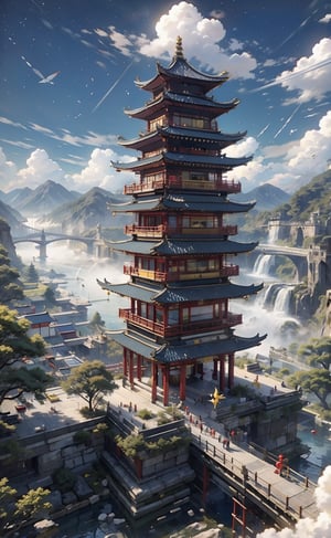 Chinese style, Yellow Crane Tower, The clouds are near the tower, on the sky, clouds, floating, The river runs through the town, The city, The Stars, (night: 1.2), waterfall, vermilion, yellow, high quality, 8k,feet101,feet,Chinese art,2D conceptual design,Clouds,gufeng,Arial view