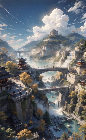 Chinese style, Yellow Crane Tower, The clouds are near the tower, on the sky, clouds, floating, The river runs through the town, The city, The Stars, (night: 1.2), waterfall, vermilion, yellow, high quality, 8k,feet101,feet,Chinese art,2D conceptual design,Clouds,gufeng
