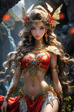 A beautiful girl wearing sleeveless gold armor, cleavage, big breasts, holding a long sword, standing on a rock, repairing, long legs and wearing a butterfly headdress (masterpiece, top quality, best quality, official art, aesthetic:1.2), {1girl, 18Years, bright skin, gorgeous bright face detailed, gergeous extremely hands detailed, full body:1.4, large breasts:1.2, slim body:1.4, slim thighs:1.4, long legs:1.4, front view, walking towards viewer}, (cool light, abstract, fractal art:1.0), highest detailed, detailed eyes, double eyelids, 

{extremely Ponytail hair, Silver Ash hair color}

(extremely gorgeous detailed Black Magician Girl armor, Short pleated Skirt armor)(Athana),Black and white entanglement,crystal and silver entanglement, fashion & design statement in this realistic and highly detailed image. detailed, absurdres1.5), long hair, bare legs, wavy hair looking at viewers jewelry Golden hair wavy hair earrings necklace red belt lips ponytail hair fashion style clothing red lips,navel, fashiongirl,(dynamic posing),skinny , 1 girl, brunette, fabric, floating, beautiful girl, masterpiece, best quality, ultra details, 16K, HD, exquisite features, model pose, mist,desert, dead branch,tribal, artistic photography,1 girl, brunette, fabric, floating, beautiful girl, masterpiece, best quality, ultra details, 16K, HD, exquisite features, model pose, mist,desert, dead branch,tribal, artistic photography, (best quality, masterpiece, ultra detailed, 8K, RAW photo), 
a beautiful young reine, grace pose, porcelain face, deep blue eyes, eye contact, lashes meticulously defined, shaded lips, lipgloss, bliss, cozy outfit, ornated prestigeous dress, realistic detailed brocade, exquisite golden septum rings, new year celebration, countdown ceremony, well lit background,official art, ultra detailed, beautiful and aesthetic, beautiful, masterpiece, best quality, chinese, dress made of (red silk:1.8) golden jewels, along with an assortment of different floral patterns spread throughout. (woman, very long hair, full body , majestic pose )best quality, masterpiece, beautiful and aesthetic, 16K, (HDR:1.4), high contrast, bokeh:1.2, lens flare, (vibrant color:1.4), 