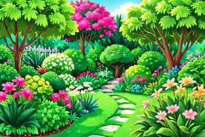 a lush green garden. The garden is vibrant with flowers and a small bush
