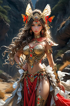 A beautiful girl wearing sleeveless gold armor, cleavage, big breasts, holding a long sword, standing on a rock, repairing, long legs and wearing a butterfly headdress (masterpiece, top quality, best quality, official art, aesthetic:1.2), {1girl, 18Years, bright skin, gorgeous bright face detailed, gergeous extremely hands detailed, full body:1.4, large breasts:1.2, slim body:1.4, slim thighs:1.4, long legs:1.4, front view, walking towards viewer}, (cool light, abstract, fractal art:1.0), highest detailed, detailed eyes, double eyelids, 

{extremely Ponytail hair, Silver Ash hair color}

(extremely gorgeous detailed Black Magician Girl armor, Short pleated Skirt armor)(Athana),Black and white entanglement,crystal and silver entanglement, fashion & design statement in this realistic and highly detailed image. detailed, absurdres1.5), long hair, bare legs, wavy hair looking at viewers jewelry Golden hair wavy hair earrings necklace red belt lips ponytail hair fashion style clothing red lips,navel, fashiongirl,(dynamic posing),skinny , 1 girl, brunette, fabric, floating, beautiful girl, masterpiece, best quality, ultra details, 16K, HD, exquisite features, model pose, mist,desert, dead branch,tribal, artistic photography,1 girl, brunette, fabric, floating, beautiful girl, masterpiece, best quality, ultra details, 16K, HD, exquisite features, model pose, mist,desert, dead branch,tribal, artistic photography, (best quality, masterpiece, ultra detailed, 8K, RAW photo), 
a beautiful young reine, grace pose, porcelain face, deep blue eyes, eye contact, lashes meticulously defined, shaded lips, lipgloss, bliss, cozy outfit, ornated prestigeous dress, realistic detailed brocade, exquisite golden septum rings, new year celebration, countdown ceremony, well lit background,official art, ultra detailed, beautiful and aesthetic, beautiful, masterpiece, best quality, chinese, dress made of (red silk:1.8) golden jewels, along with an assortment of different floral patterns spread throughout. (woman, very long hair, full body , majestic pose )best quality, masterpiece, beautiful and aesthetic, 16K, (HDR:1.4), high contrast, bokeh:1.2, lens flare, (vibrant color:1.4), 