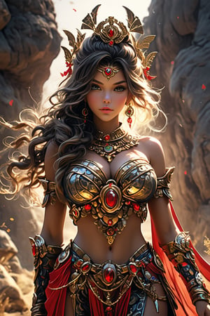 A beautiful girl wearing sleeveless gold armor, cleavage, big breasts, holding a long sword, standing on a rock, repairing, long legs and wearing a butterfly headdress (masterpiece, top quality, best quality, official art, aesthetic:1.2), {1girl, 18Years, bright skin, gorgeous bright face detailed, gergeous extremely hands detailed, full body:1.4, large breasts:1.2, slim body:1.4, slim thighs:1.4, long legs:1.4, front view, walking towards viewer}, (cool light, abstract, fractal art:1.0), highest detailed, detailed eyes, double eyelids, 

{extremely Ponytail hair, Silver Ash hair color}

(extremely gorgeous detailed Black Magician Girl armor, Short pleated Skirt armor)(Athana),Black and white entanglement,crystal and silver entanglement, fashion & design statement in this realistic and highly detailed image. detailed, absurdres1.5), long hair, bare legs, wavy hair looking at viewers jewelry Golden hair wavy hair earrings necklace red belt lips ponytail hair fashion style clothing red lips,navel, fashiongirl,(dynamic posing),skinny , 1 girl, brunette, fabric, floating, beautiful girl, masterpiece, best quality, ultra details, 16K, HD, exquisite features, model pose, mist,desert, dead branch,tribal, artistic photography,1 girl, brunette, fabric, floating, beautiful girl, masterpiece, best quality, ultra details, 16K, HD, exquisite features, model pose, mist,desert, dead branch,tribal, artistic photography, (best quality, masterpiece, ultra detailed, 8K, RAW photo), 
a beautiful young reine, grace pose, porcelain face, deep blue eyes, eye contact, lashes meticulously defined, shaded lips, lipgloss, bliss, cozy outfit, ornated prestigeous dress, realistic detailed brocade, exquisite golden septum rings, new year celebration, countdown ceremony, well lit background,official art, ultra detailed, beautiful and aesthetic, beautiful, masterpiece, best quality, chinese, dress made of (red silk:1.8) golden jewels, along with an assortment of different floral patterns spread throughout. (woman, very long hair, full body , majestic pose )best quality, masterpiece, beautiful and aesthetic, 16K, (HDR:1.4), high contrast, bokeh:1.2, lens flare, (vibrant color:1.4), 