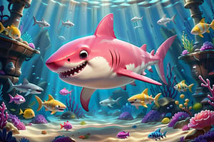 8K,Best quality, masterpiece, ultra-high res, (photorealistic:1.4), Masterpiece, Concept Art,, singleL a very cute cartoon pinky shark in big tank 