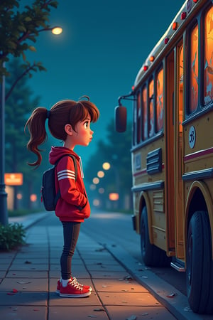 Ria, a 12-year-old girl with wavy brown hair tied into a ponytail, her face showing a mix of curiosity and nervousness. She is wearing a vibrant red jacket with white stripes, black jeans, and red sneakers. The background shows an eerie, desolate bus stop late at night, with flickering streetlights and trees swaying in the wind. A broken-down bus with shattered windows and emitting strange fog has just arrived, its door opening mysteriously. Ria is standing at the entrance, hesitating to board. The scene is animated in a vibrant, detailed style with a slightly spooky atmosphere. 3D pixel style”
