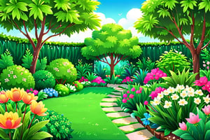 a lush green garden. The garden is vibrant with flowers and a small bush
