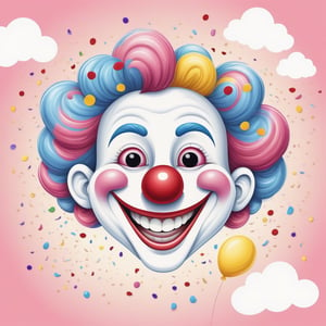 A playful cartoon logo featuring a cheerful clown's face with bright red nose, wide grin, and big round eyes, surrounded by swirly clouds of confetti in shades of pink, blue, and yellow. The background is a warm sunny day with fluffy white clouds, and the overall design has a whimsical, hand-drawn feel with bold lines and vibrant colors.