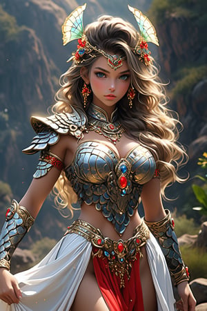 A beautiful girl wearing sleeveless gold armor, cleavage, big breasts, holding a long sword, standing on a rock, repairing, long legs and wearing a butterfly headdress (masterpiece, top quality, best quality, official art, aesthetic:1.2), {1girl, 18Years, bright skin, gorgeous bright face detailed, gergeous extremely hands detailed, full body:1.4, large breasts:1.2, slim body:1.4, slim thighs:1.4, long legs:1.4, front view, walking towards viewer}, (cool light, abstract, fractal art:1.0), highest detailed, detailed eyes, double eyelids, 

{extremely Ponytail hair, Silver Ash hair color}

(extremely gorgeous detailed Black Magician Girl armor, Short pleated Skirt armor)(Athana),Black and white entanglement,crystal and silver entanglement, fashion & design statement in this realistic and highly detailed image. detailed, absurdres1.5), long hair, bare legs, wavy hair looking at viewers jewelry Golden hair wavy hair earrings necklace red belt lips ponytail hair fashion style clothing red lips,navel, fashiongirl,(dynamic posing),skinny , 1 girl, brunette, fabric, floating, beautiful girl, masterpiece, best quality, ultra details, 16K, HD, exquisite features, model pose, mist,desert, dead branch,tribal, artistic photography,1 girl, brunette, fabric, floating, beautiful girl, masterpiece, best quality, ultra details, 16K, HD, exquisite features, model pose, mist,desert, dead branch,tribal, artistic photography, (best quality, masterpiece, ultra detailed, 8K, RAW photo), 
a beautiful young reine, grace pose, porcelain face, deep blue eyes, eye contact, lashes meticulously defined, shaded lips, lipgloss, bliss, cozy outfit, ornated prestigeous dress, realistic detailed brocade, exquisite golden septum rings, new year celebration, countdown ceremony, well lit background,official art, ultra detailed, beautiful and aesthetic, beautiful, masterpiece, best quality, chinese, dress made of (red silk:1.8) golden jewels, along with an assortment of different floral patterns spread throughout. (woman, very long hair, full body , majestic pose )best quality, masterpiece, beautiful and aesthetic, 16K, (HDR:1.4), high contrast, bokeh:1.2, lens flare, (vibrant color:1.4), 