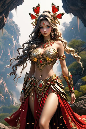 A beautiful girl wearing sleeveless gold armor, cleavage, big breasts, holding a long sword, standing on a rock, repairing, long legs and wearing a butterfly headdress (masterpiece, top quality, best quality, official art, aesthetic:1.2), {1girl, 18Years, bright skin, gorgeous bright face detailed, gergeous extremely hands detailed, full body:1.4, large breasts:1.2, slim body:1.4, slim thighs:1.4, long legs:1.4, front view, walking towards viewer}, (cool light, abstract, fractal art:1.0), highest detailed, detailed eyes, double eyelids, 

{extremely Ponytail hair, Silver Ash hair color}

(extremely gorgeous detailed Black Magician Girl armor, Short pleated Skirt armor)(Athana),Black and white entanglement,crystal and silver entanglement, fashion & design statement in this realistic and highly detailed image. detailed, absurdres1.5), long hair, bare legs, wavy hair looking at viewers jewelry Golden hair wavy hair earrings necklace red belt lips ponytail hair fashion style clothing red lips,navel, fashiongirl,(dynamic posing),skinny , 1 girl, brunette, fabric, floating, beautiful girl, masterpiece, best quality, ultra details, 16K, HD, exquisite features, model pose, mist,desert, dead branch,tribal, artistic photography,1 girl, brunette, fabric, floating, beautiful girl, masterpiece, best quality, ultra details, 16K, HD, exquisite features, model pose, mist,desert, dead branch,tribal, artistic photography, (best quality, masterpiece, ultra detailed, 8K, RAW photo), 
a beautiful young reine, grace pose, porcelain face, deep blue eyes, eye contact, lashes meticulously defined, shaded lips, lipgloss, bliss, cozy outfit, ornated prestigeous dress, realistic detailed brocade, exquisite golden septum rings, new year celebration, countdown ceremony, well lit background,official art, ultra detailed, beautiful and aesthetic, beautiful, masterpiece, best quality, chinese, dress made of (red silk:1.8) golden jewels, along with an assortment of different floral patterns spread throughout. (woman, very long hair, full body , majestic pose )best quality, masterpiece, beautiful and aesthetic, 16K, (HDR:1.4), high contrast, bokeh:1.2, lens flare, (vibrant color:1.4), 