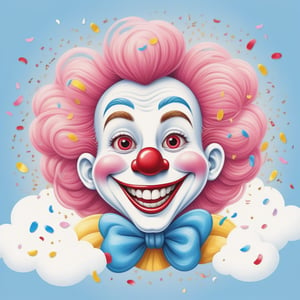 A playful cartoon logo featuring a cheerful clown's face with bright red nose, wide grin, and big round eyes, surrounded by swirly clouds of confetti in shades of pink, blue, and yellow. The background is a warm sunny day with fluffy white clouds, and the overall design has a whimsical, hand-drawn feel with bold lines and vibrant colors.