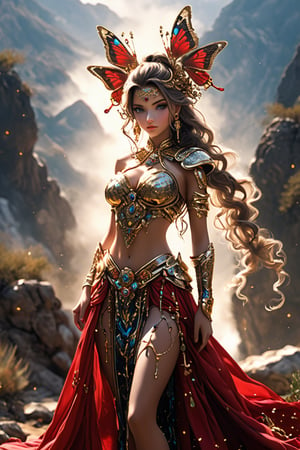 A beautiful girl wearing sleeveless gold armor, cleavage, big breasts, holding a long sword, standing on a rock, repairing, long legs and wearing a butterfly headdress (masterpiece, top quality, best quality, official art, aesthetic:1.2), {1girl, 18Years, bright skin, gorgeous bright face detailed, gergeous extremely hands detailed, full body:1.4, large breasts:1.2, slim body:1.4, slim thighs:1.4, long legs:1.4, front view, walking towards viewer}, (cool light, abstract, fractal art:1.0), highest detailed, detailed eyes, double eyelids, 

{extremely Ponytail hair, Silver Ash hair color}

(extremely gorgeous detailed Black Magician Girl armor, Short pleated Skirt armor)(Athana),Black and white entanglement,crystal and silver entanglement, fashion & design statement in this realistic and highly detailed image. detailed, absurdres1.5), long hair, bare legs, wavy hair looking at viewers jewelry Golden hair wavy hair earrings necklace red belt lips ponytail hair fashion style clothing red lips,navel, fashiongirl,(dynamic posing),skinny , 1 girl, brunette, fabric, floating, beautiful girl, masterpiece, best quality, ultra details, 16K, HD, exquisite features, model pose, mist,desert, dead branch,tribal, artistic photography,1 girl, brunette, fabric, floating, beautiful girl, masterpiece, best quality, ultra details, 16K, HD, exquisite features, model pose, mist,desert, dead branch,tribal, artistic photography, (best quality, masterpiece, ultra detailed, 8K, RAW photo), 
a beautiful young reine, grace pose, porcelain face, deep blue eyes, eye contact, lashes meticulously defined, shaded lips, lipgloss, bliss, cozy outfit, ornated prestigeous dress, realistic detailed brocade, exquisite golden septum rings, new year celebration, countdown ceremony, well lit background,official art, ultra detailed, beautiful and aesthetic, beautiful, masterpiece, best quality, chinese, dress made of (red silk:1.8) golden jewels, along with an assortment of different floral patterns spread throughout. (woman, very long hair, full body , majestic pose )best quality, masterpiece, beautiful and aesthetic, 16K, (HDR:1.4), high contrast, bokeh:1.2, lens flare, (vibrant color:1.4), 