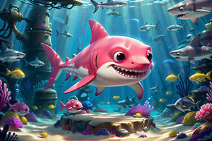 8K,Best quality, masterpiece, ultra-high res, (photorealistic:1.4), Masterpiece, Concept Art,, singleL a very cute cartoon pinky shark in big tank 