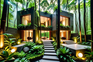 A mesmerizing photograph captures a biophilic house nestled in a dark forest, emanating a warm glow through its carefully placed lights. The seamless fusion of nature and architecture is showcased as verdant greenery intertwines with the solid concrete walls, creating an enchanting vertical garden. The intricate details and impeccable craftsmanship of the photograph elevate its status as a high-quality piece of art, allowing viewers to immerse themselves in the intricate beauty of this harmonious sanctuary.