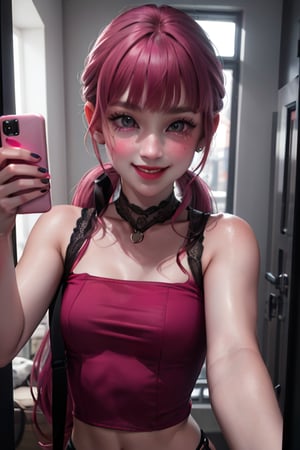 ((masterpiece,best quality)), absurdres, draculaura_mh, pink top, upper body, extremely detailed face, smile, blushing, selfie, holding phone, 